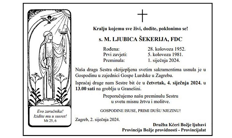 Preminula s. Ljubica Šekerija | Katolička tiskovna agencija Biskupske konferencije BiH