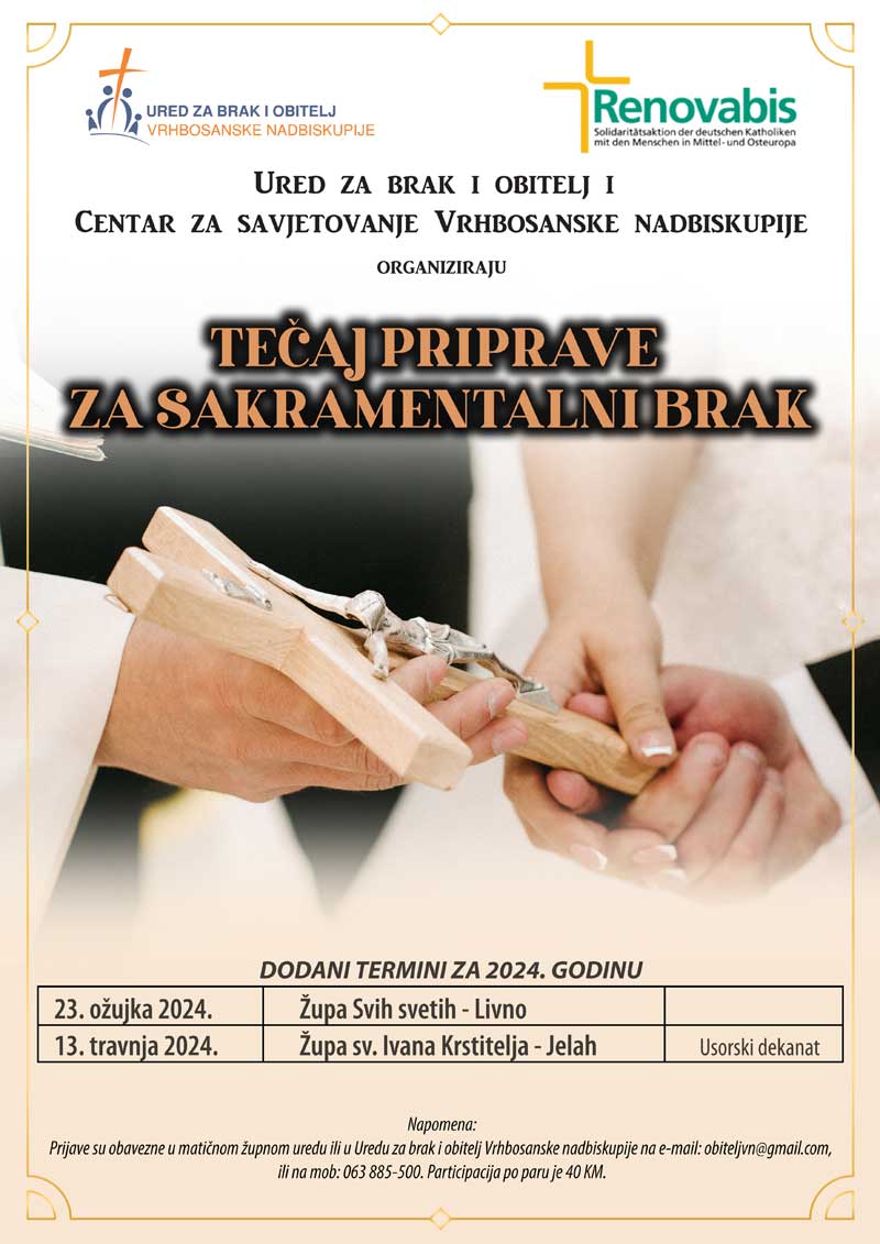 Dodatni termini zaručničkih tečajeva u organizaciji Ureda za brak i obitelj Vrhbosanske nadbiskupije