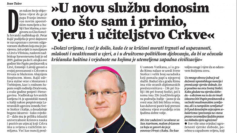 Nadbiskup Petar Rajič uz imenovanje na novu službu nuncija u Italiji govori za Glas Koncila