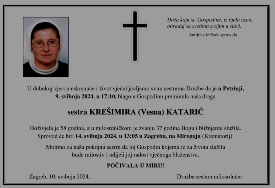 Preminula s. Krešimira (Vesna) Katarić – Sisačka biskupija