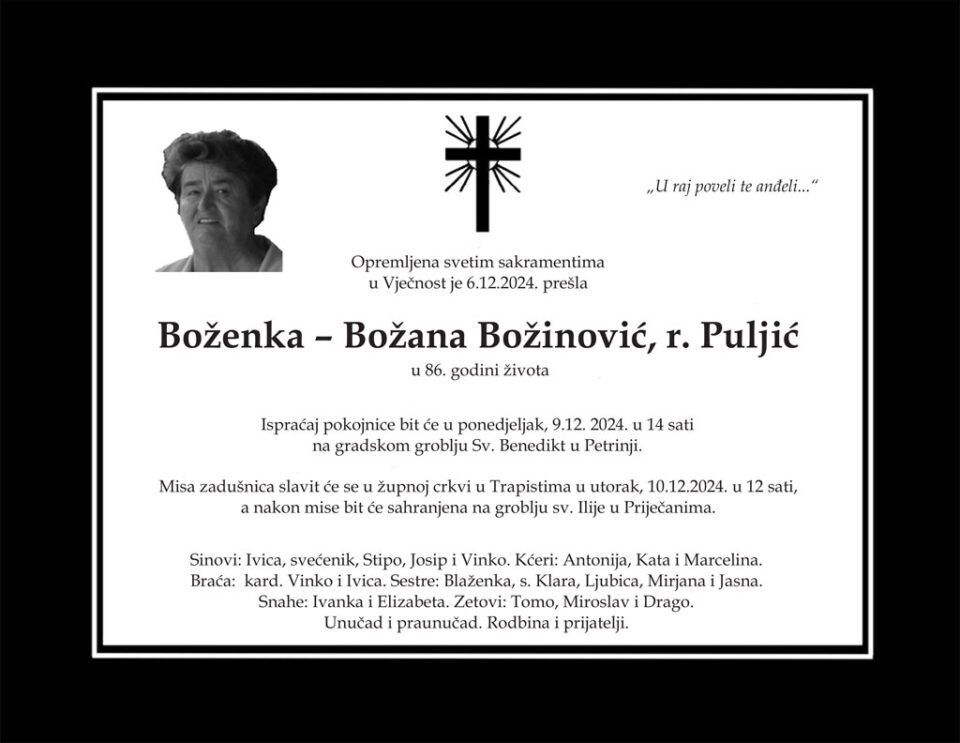 Preminula Boženka – Božana Božinović, r. Puljić