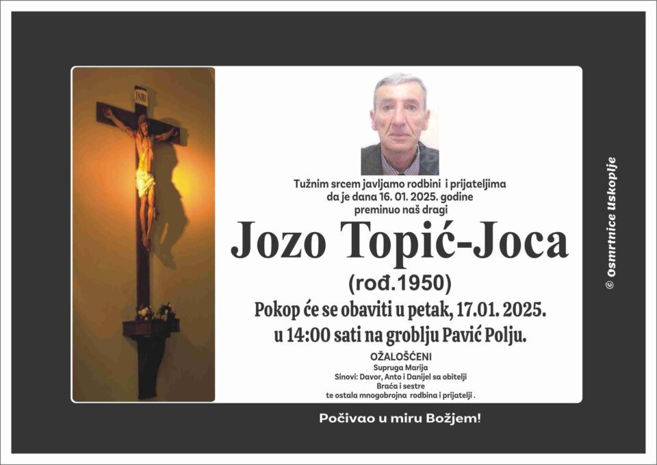 Preminuo Jozo Topić, otac vlč. Davora i p. Ante Topića, DI