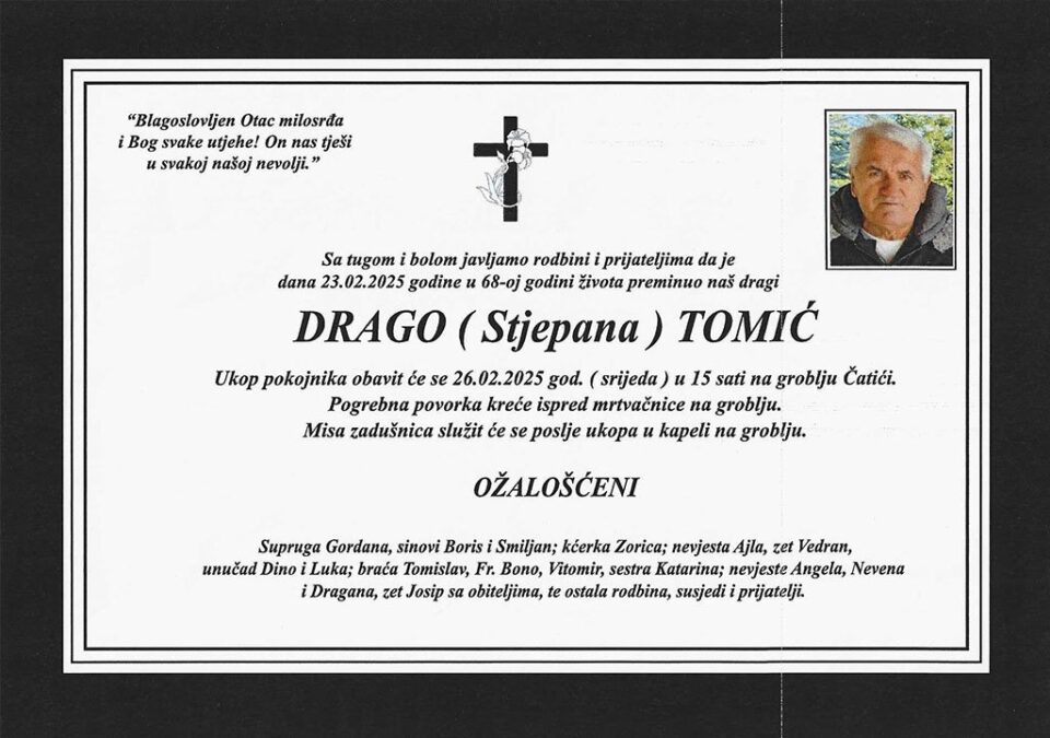 Preminuo Drago Tomić, brat fra Bone Tomića