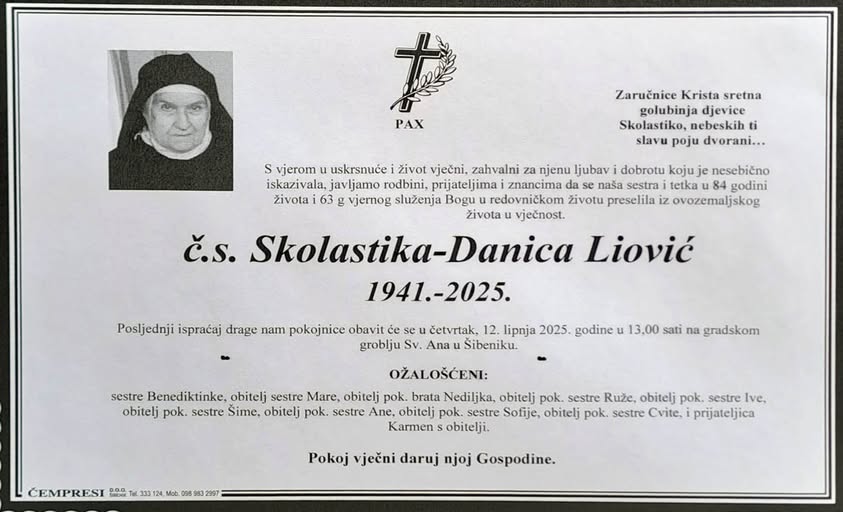 Preminula benediktinka s. Skolastika Liović
