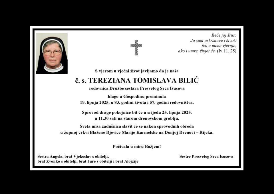Preminula časna sestra Tereziana Tomislava Bilić – Riječka nadbiskupija