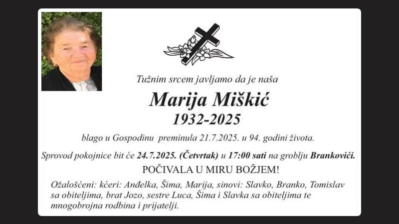 Preminula majka pokojnog svećenika Ilije Miškića