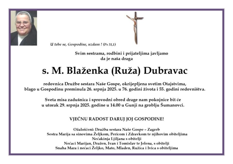 Preminula s. M. Blaženka Ruža Dubravac
