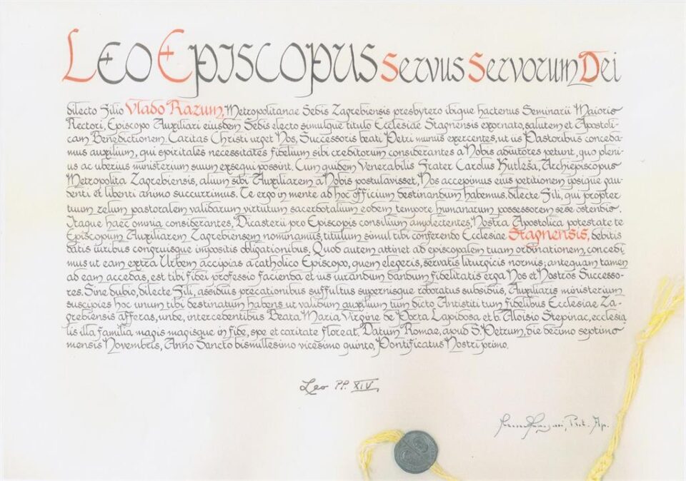 Zagrebačka nadbiskupija – Bula imenovanja mons. Vlade Razuma pomoćnim biskupom zagrebačkim